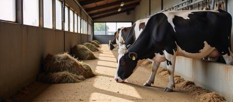 Illustration showcases dairy cows feeding peacefully in a wellmaintained barn highlighting responsible cattle farming photo