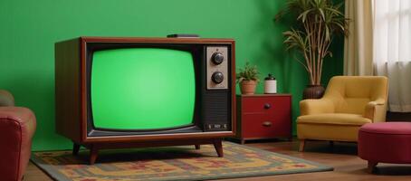 A vintage television set is featured against the backdrop of a cozy retro living room showcasing a vibrant green screen effect photo