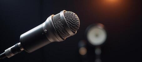 Closeup shot of microphone in recording studio setting photo