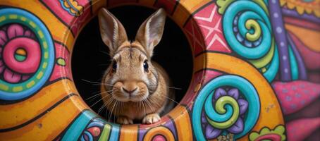 Illustration of a curious rabbit peeking from a colorful patternfilled whirlpool hole photo