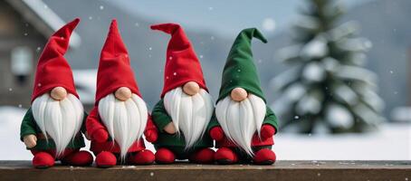 Gathered Christmas gnomes wear colorful pointed hats amidst a joyous snowy winter setting photo
