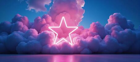 A vibrant futuristic wallpaper featuring a neonlit abstract minimalist background with a glowing star and a tumultuous colorful cloudstorm of cumulus clouds photo
