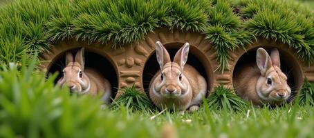 Rabbits emerge from elaborate warrens with detailed burrows showcasing a cozy protected underground home within a lush highdetail meadow photo
