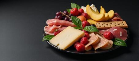 Artful arrangement of assorted cheeses meats fruits and snacks displayed elegantly on a dark background photo