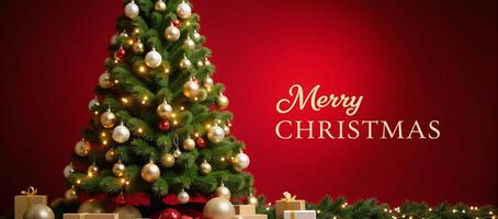 A festive holiday scene featuring golden and silver Christmas lights illuminating a red backdrop adorned with a tree and bright decorations for a Merry Xmas greeting message perfect as an elegant photo