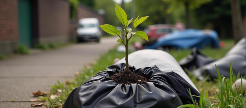A small tree sprouts from a mound of trash in its backdrop photo