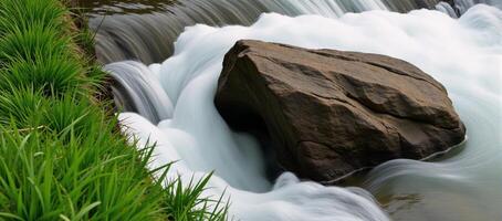 A closeup of a cascading water stream with nearby rocks and surrounding lush greenery photo