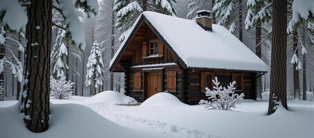 Snowy cabin nestled amidst a wintry forest landscape photo
