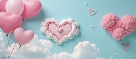 Valentines Day scene featuring pink heartshaped balloons against a backdrop of romantic clouds adorned with an abstract representation of a beautiful colored heart photo