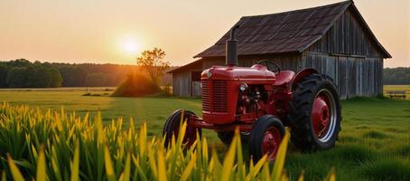 Vintage red tractor resting on rural farm at twilight among verdant fields and barn photo