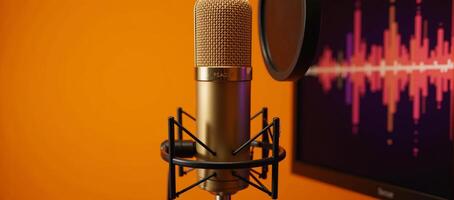 Golden mic and pop filter set up against sound waves on vivid orange backdrop professional recording setup photo