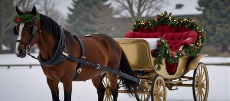 A wreathedhorse pulls a festivelydecorated carriage for a holiday scene photo