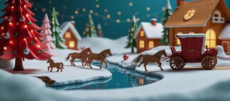 A papercraft depiction of a wintery Christmas scene with a horsedrawn carriage a red Christmas tree and flowing water photo