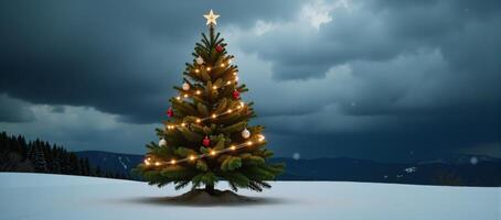 Dramatic winter scene featuring a Christmas tree adorned with twirling lights against a stormy backdrop photo