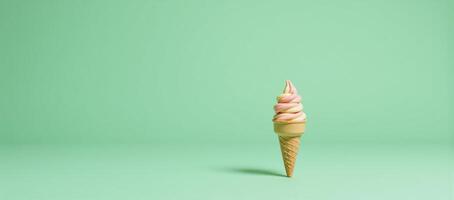 Pastelgreen backdrop featuring a solitary ice cream cone centrally placed photo