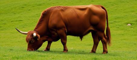 A lone imposing Highland cow grazes in a verdant pasture photo