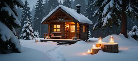 A snowcovered cabin glows warmly from within against a cold winter landscape surrounded by candles on podiums adorned with falling snowflakes Cosy Winter Scene photo
