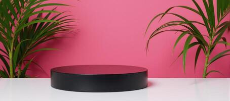 Glossy black 3D podium amidst tropical palms against a vibrant pink backdrop photo