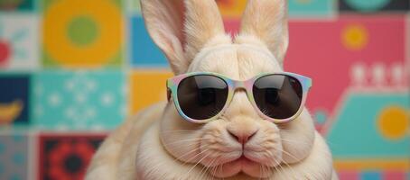Colorful backdrop features a chic rabbit donning shades photo