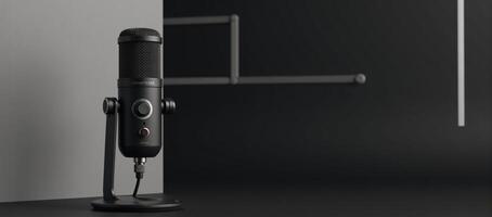 A podcaststyle microphone is placed against a 3D rendered backdrop photo