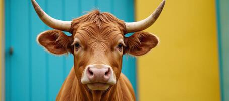 Vibrant portrait depicting a cow adorned with a pair of horns photo