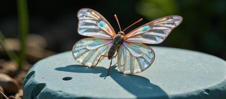 A crystallinewinged butterfly with geometrical patterns perches on a light blue stone casting shadows amidst the surrounding flora and fauna in a fantastical scene photo