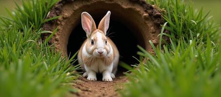Rabbit exits burrow entrance photo