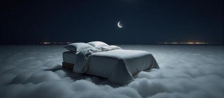 A cozy bed floats peacefully amidst dreamy starry skies and soft clouds photo