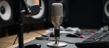 Closeup shot of podcasters highquality microphone in a sound recording studio photo
