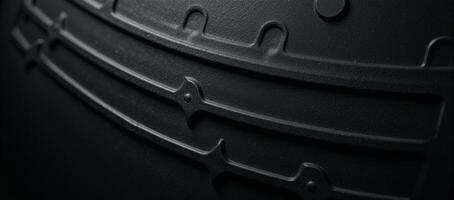 Closeup image showcases intricate patterns on a black metallic surface with seams and rivets photo