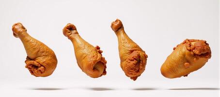 Isolated fried chicken legs suspended midair against a pure white backdrop photo