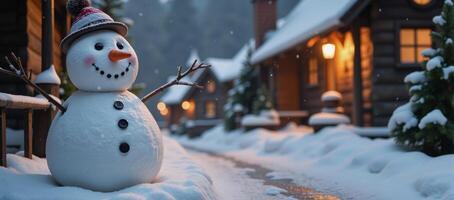 Cheerful snowman near litup winter village photo