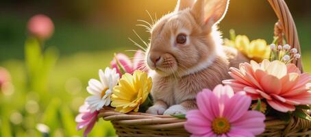 A digital illustration portraying an adorable Easter Bunny carrying a bouquet of blooming flowers photo