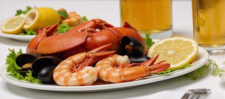 An appetizing seafood platter featuring shrimp mussels and lobster accompanied by lemon and a glass of beer photo