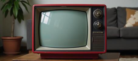 Living Room Scene Red Vintage Television Set on Couch with Plant Backdrop Retro photo