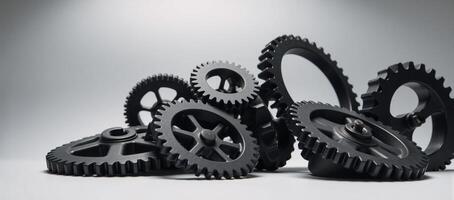 A sleek image showcases metallic black gears against a minimalistic backdrop photo