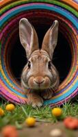 Illustration of a curious rabbit peeking from a colorful patternfilled whirlpool hole photo