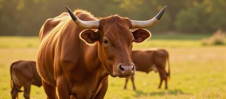 A detailed portrait featuring an Angus cow with distinctive features face horns and life stage calfsteerbull in a pastoral setting created using advanced technology photo