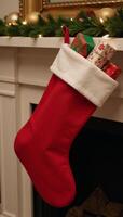 A festive stocking adorned with holiday lights hangs on a fireplace mantel surrounded by ornaments photo