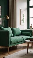 A 3D rendering showcasing a stylish home interior featuring a green sofa table and decor in a modern living space photo