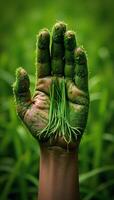 Mother Nature depicted as hand covered in grass within an ecofriendly Gaia concept image photo