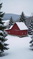 Wintery rustic barn scene embellished with holiday decorations amidst snowcovered pine trees rolling hills photo