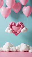 Valentines Day scene featuring pink heartshaped balloons against a backdrop of romantic clouds adorned with an abstract representation of a beautiful colored heart photo