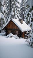 Snowy cabin nestled amidst a wintry forest landscape photo