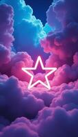 A vibrant futuristic wallpaper featuring a neonlit abstract minimalist background with a glowing star and a tumultuous colorful cloudstorm of cumulus clouds photo