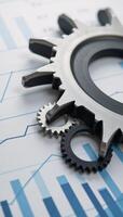 Seamlessly integrated business growth represented by abstract gears interacting with business charts photo