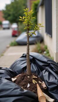 A small tree sprouts from a mound of trash in its backdrop photo