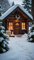 A snowcovered cabin glows warmly from within against a cold winter landscape surrounded by candles on podiums adorned with falling snowflakes Cosy Winter Scene photo