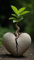 Tree with roots cracking through symbolic heart signifying emotional healing through introspective growth photo