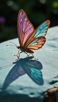 A crystallinewinged butterfly with geometrical patterns perches on a light blue stone casting shadows amidst the surrounding flora and fauna in a fantastical scene photo